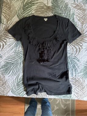 J. Crew Black Short Sleeve Ruffle Scoop Neck Tee
